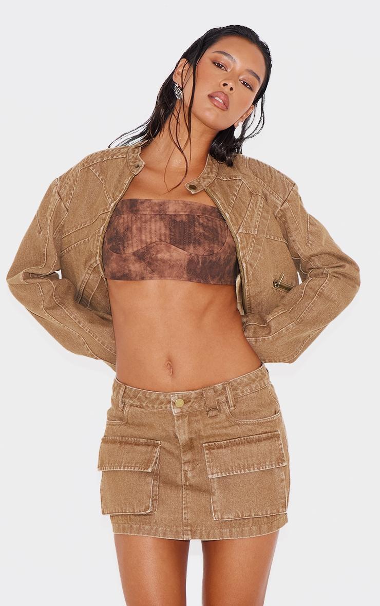 Brown Seam Detail Shoulder Padded Racer Cropped Denim Jacket Product Image