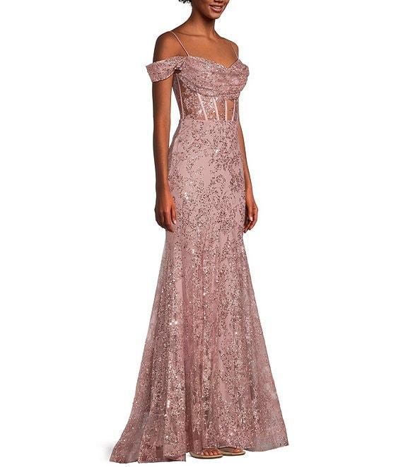 Blondie Nites Glitter Off-The-Shoulder Corset Trumpet Dress Product Image