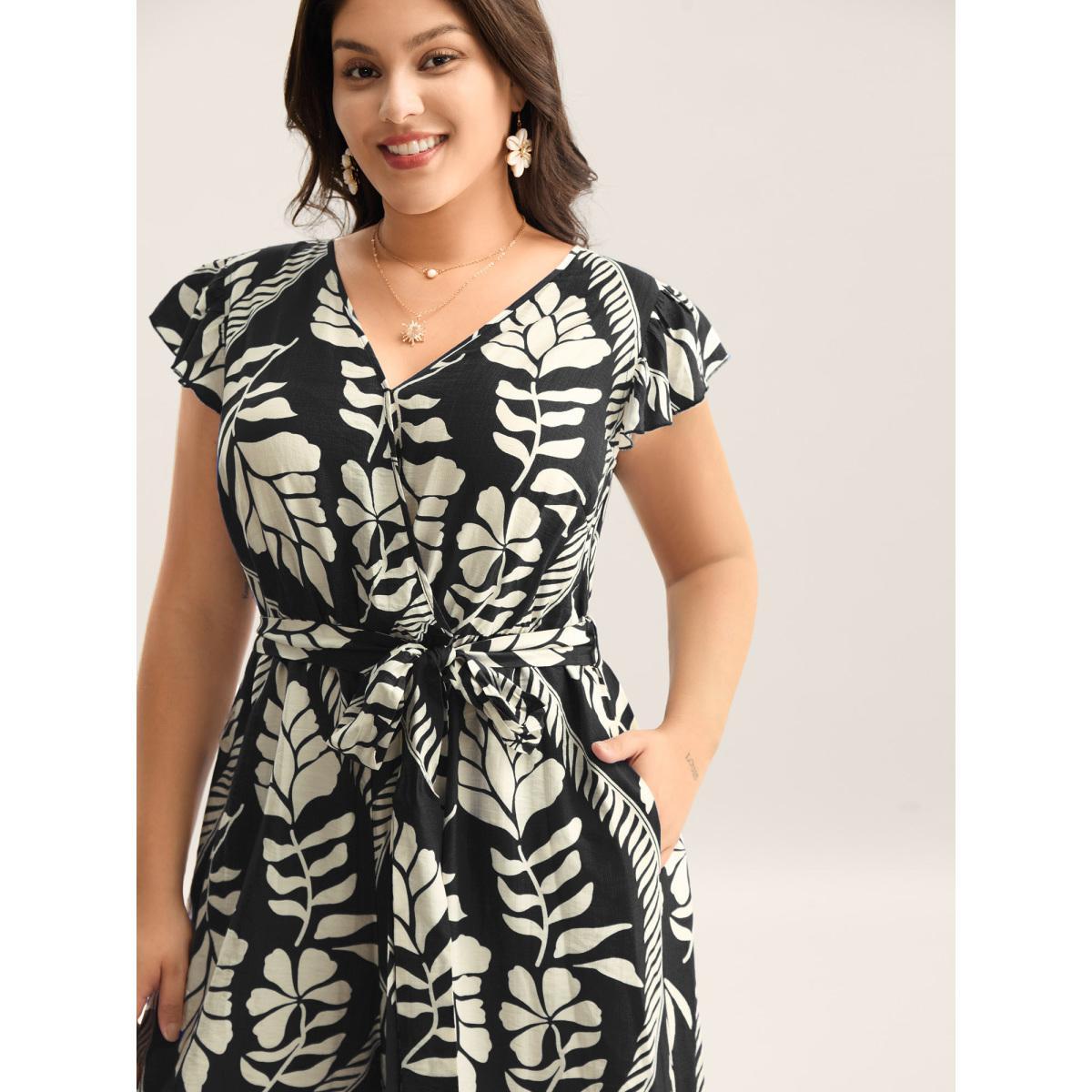 Plus Size Black Large Floral Print Pockets Jumpsuit Women Cap Sleeve Overlap Collar Vacation Loose Jumpsuits BloomChic 10/M Product Image