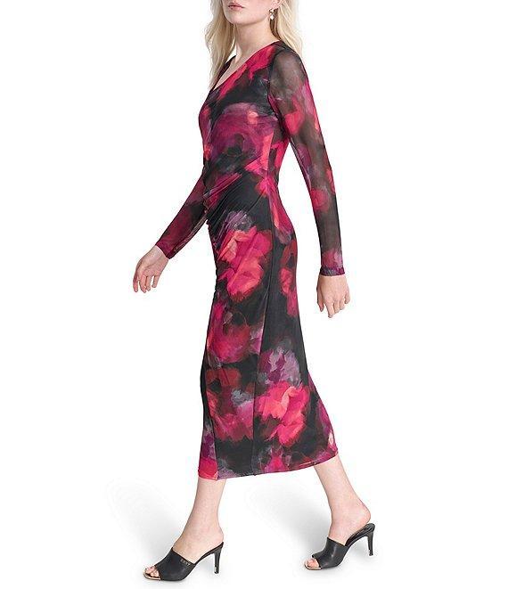 DKNY by Donna Karan Printed Knit Asymmetrical Neck Long Sleeves Cinched Sheath Midi Dress Product Image
