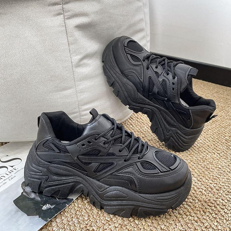 Plain Mesh Panel Lace-Up Platform Sneakers Product Image