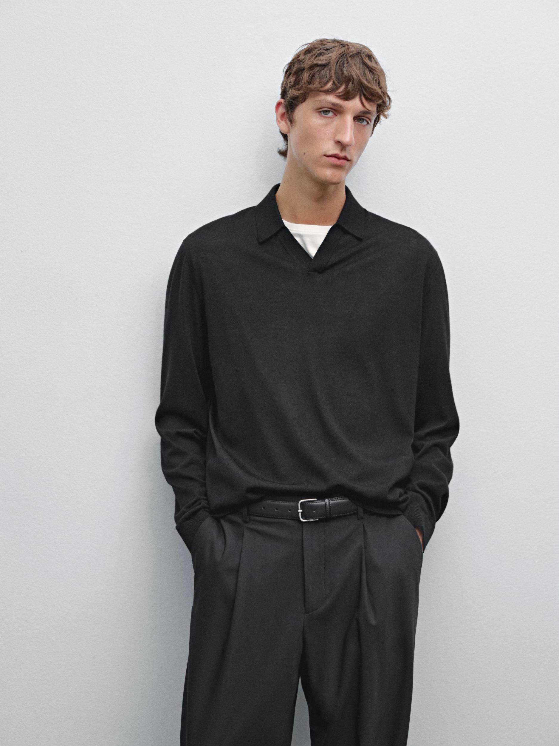 100% merino wool knit polo sweater Product Image