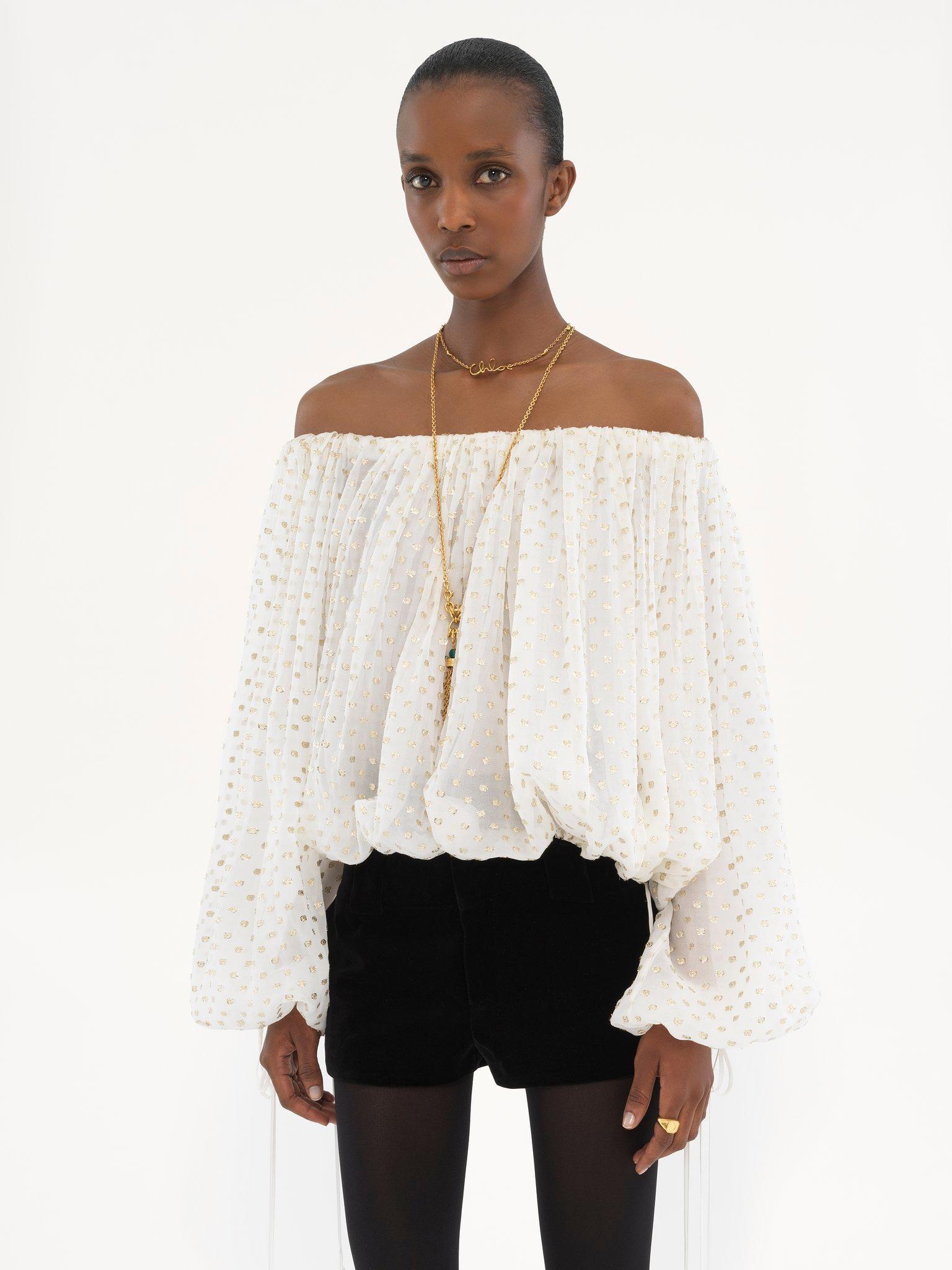 Gathered off-the-shoulder top in silk jacquard & lurex Product Image