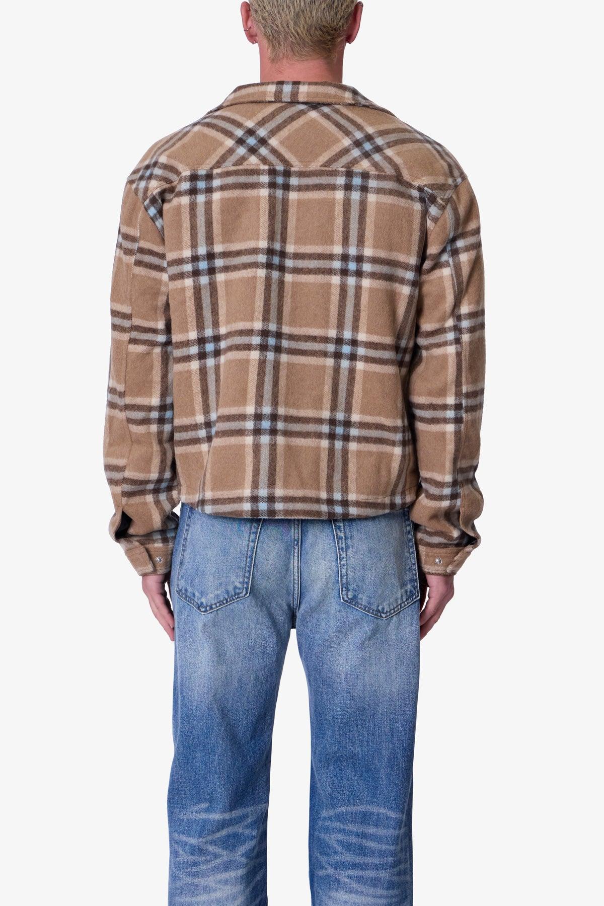 Plaid Flannel Front Zip Jacket - Brown/Cream Product Image