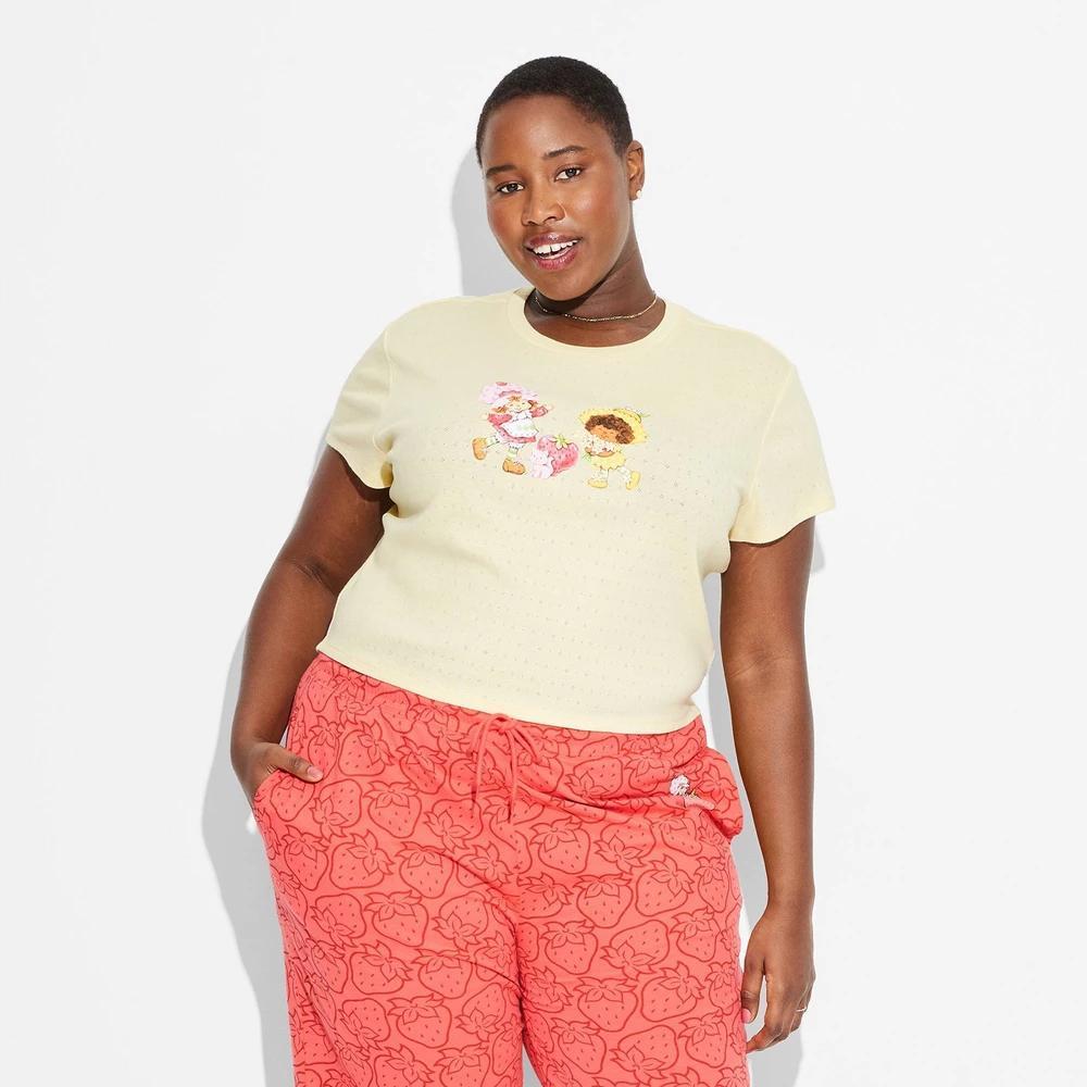 Women's Strawberry Shortcake Short Sleeve Graphic Baby T-Shirt - Yellow 2X: Cotton-Polyester Blend, Plus Size Product Image