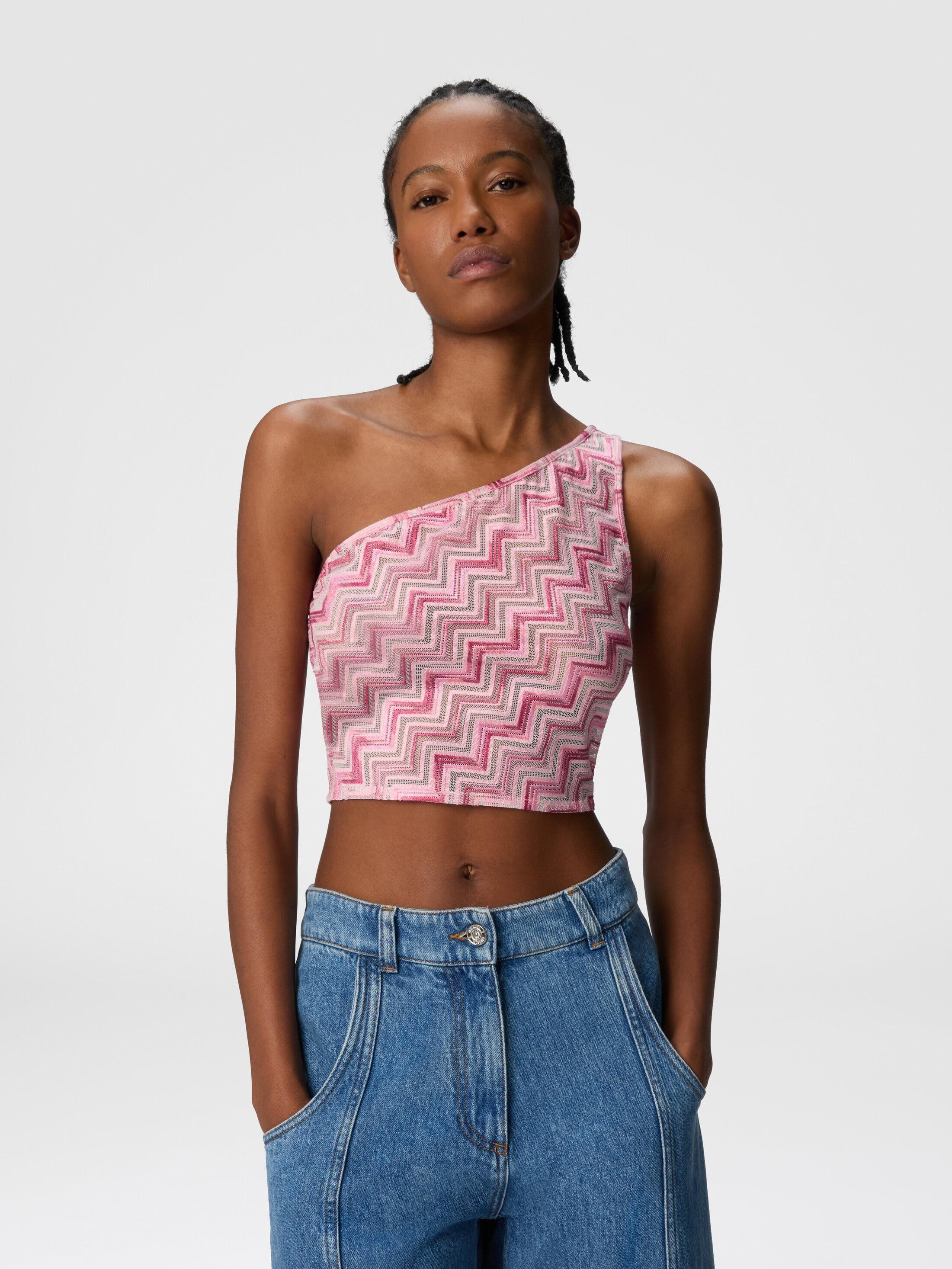 One-shoulder viscose-blend tulle top with slub zigzag Product Image