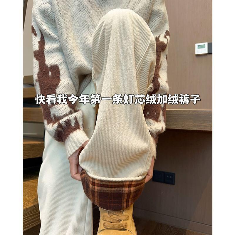 Drawstring Waist Plaid Panel Fleece-Lined Corduroy Loose Fit Pants Product Image