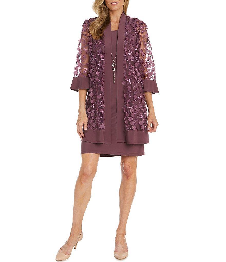 R & M Richards 3/4 Sleeve Scoop Neck Embroidered Flower Mesh 2-Piece Jacket Dress Product Image