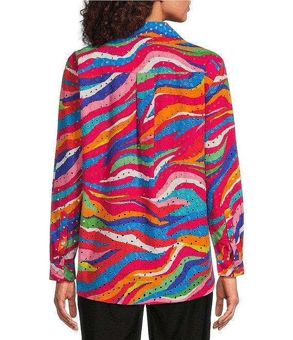 John Mark Petite Size Allover Eyelet Embroidered Watercolor Print Point Collar Long Roll-Tab Sleeve Button Front Blouse Product Image