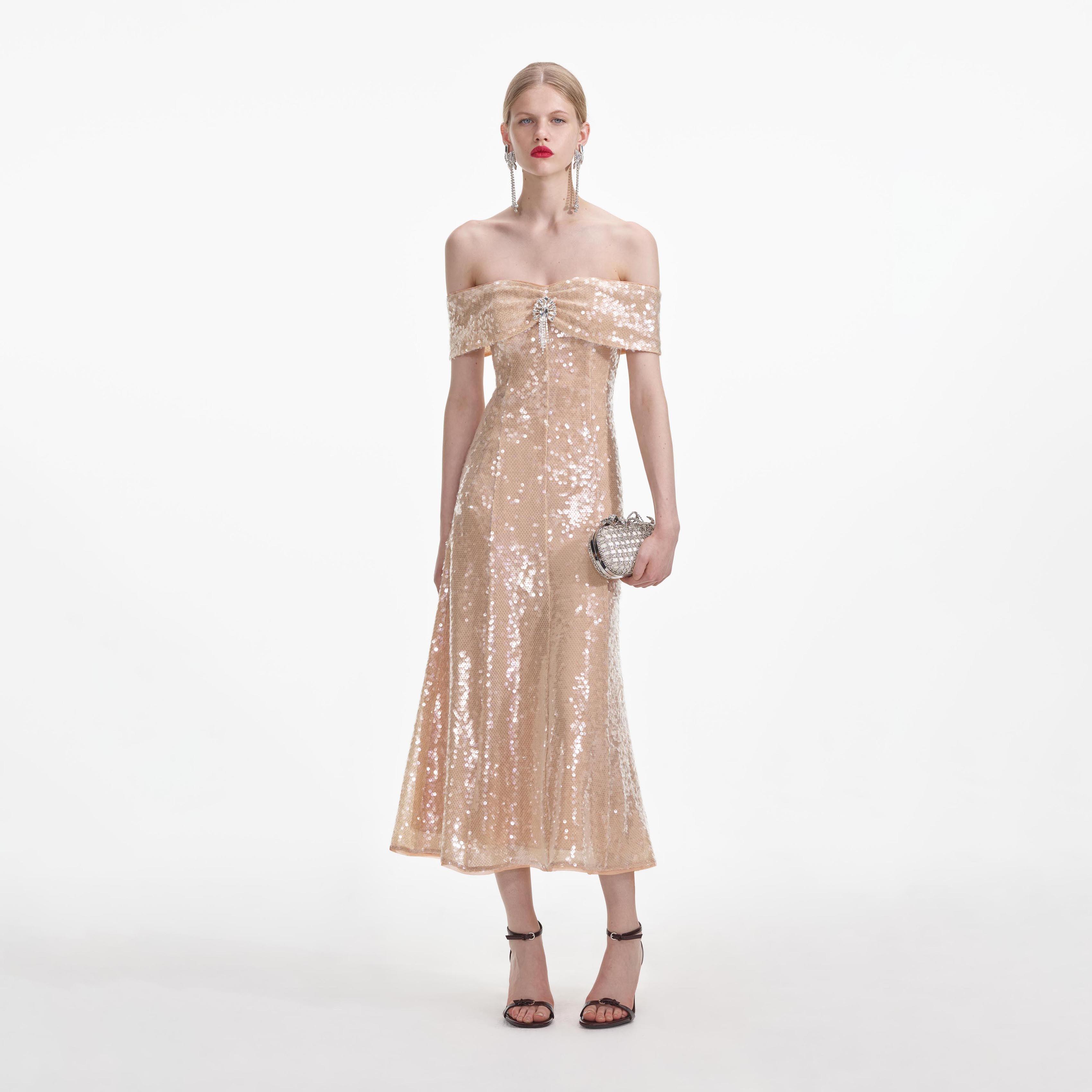 Gold Sequin Off Shoulder Midi Dress Product Image