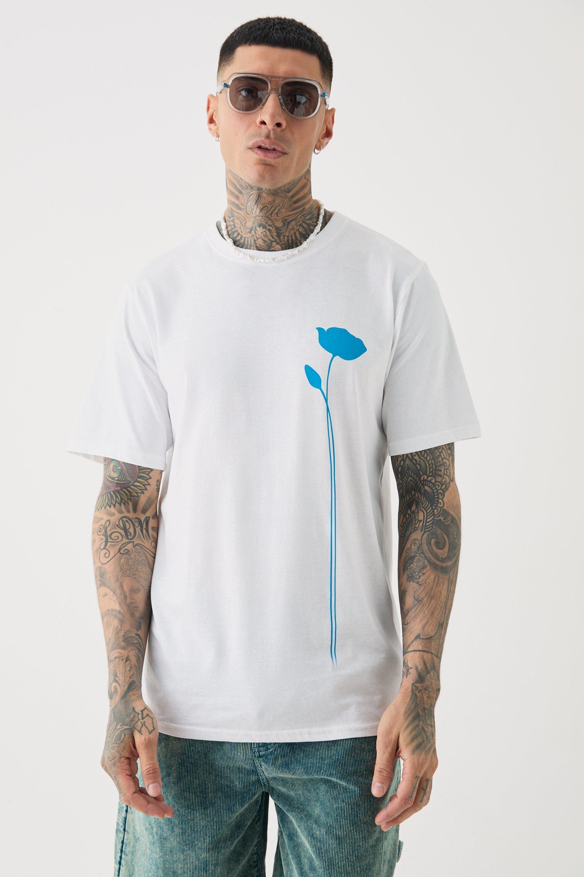 Mens White Tall Floral Line Drawing T-shirt, White Product Image