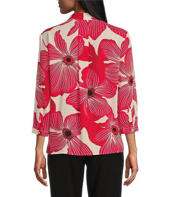 Investments Petite Size Caroline Signature Upbeat Poppy V-Neck 3/4 Sleeve Button Front Top Product Image