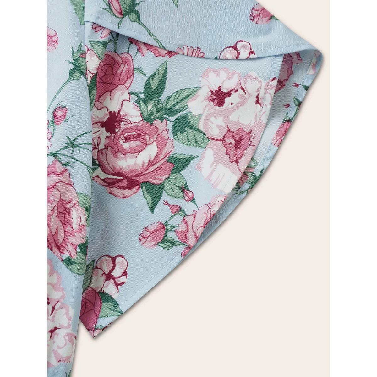 Plus Size Floral Button Detail Gathered Petal Sleeve Dress LightBlue Women Elegant Gathered V-neck Short sleeve Curvy BloomChic 26/4X Product Image