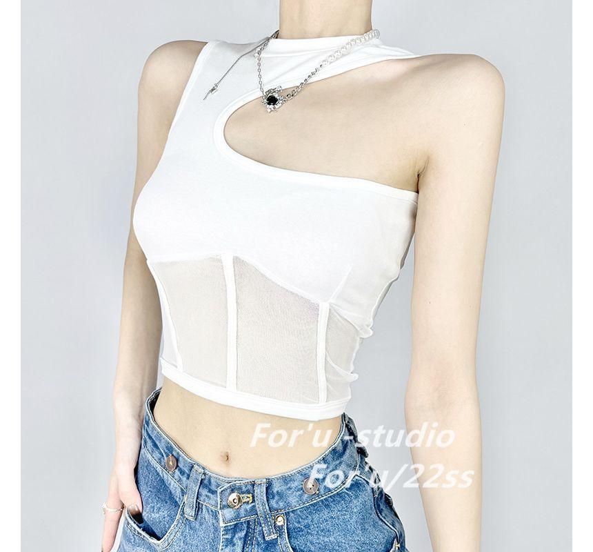 Crewneck Plain Mesh Cropped Tank Top Product Image