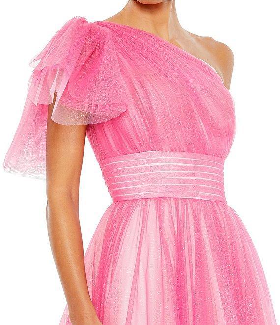 Mac Duggal Asymmetrical One Shoulder Short Ruffle Sleeve Ruched Ombre Ballgown Product Image