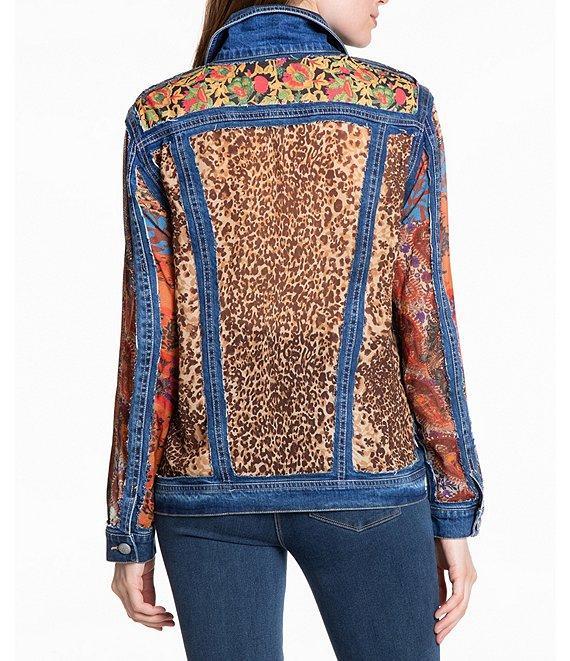 John Mark Point Collar Long Cuff Sleeve Cut-Out Multi Print Patch Denim Jacket Product Image
