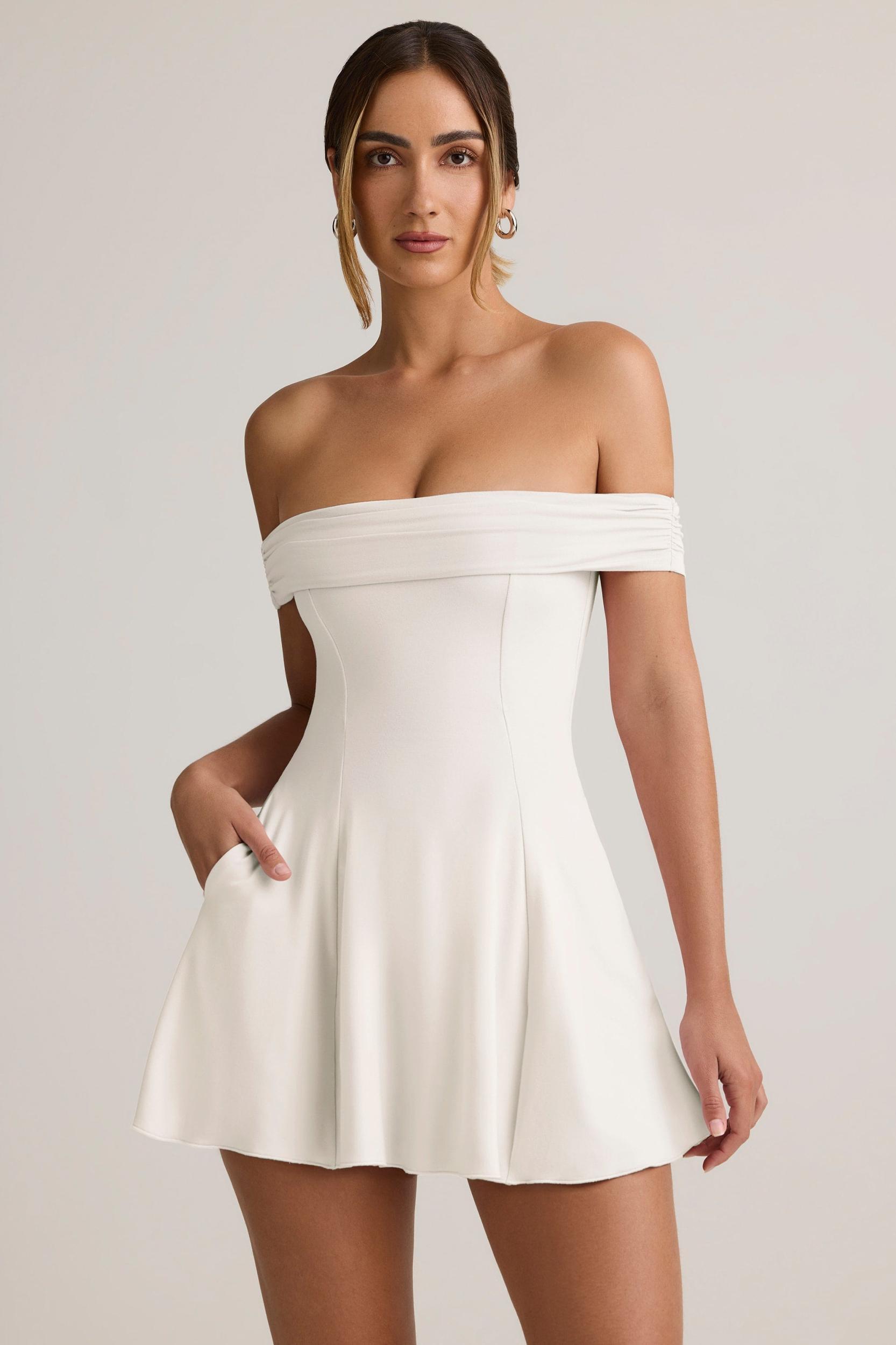 Modal Off-Shoulder A-Line Mini Dress in White Product Image