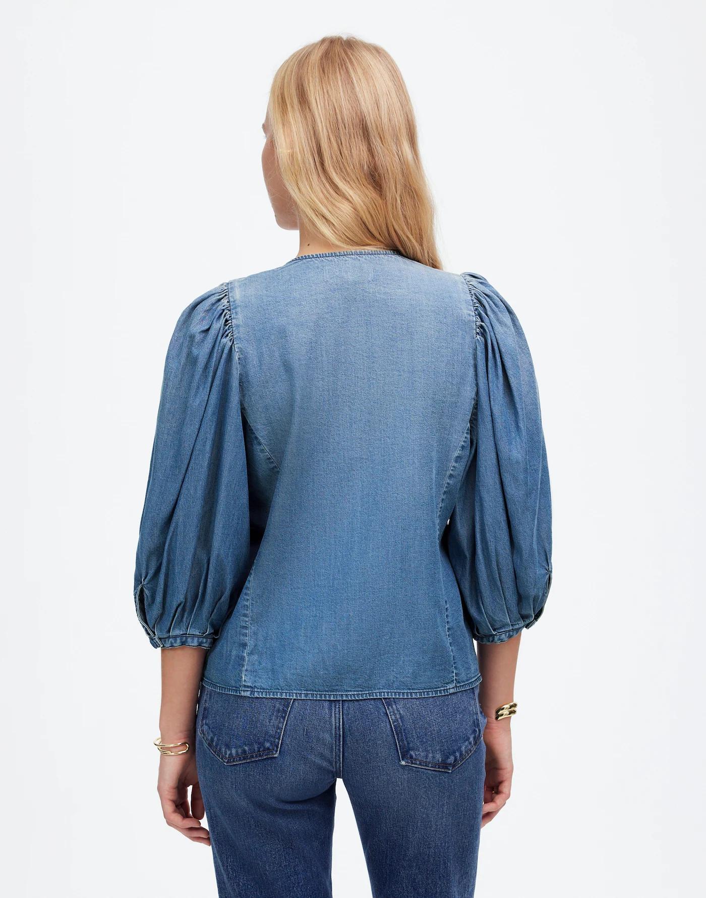 Denim Puff-Sleeve Button-Up Top Product Image