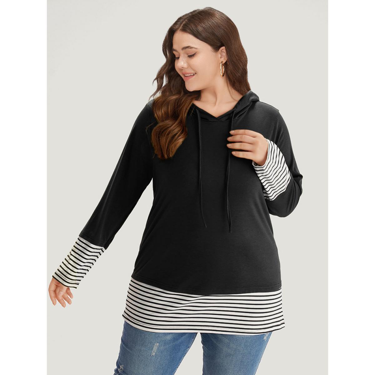 Plus Size Striped Patchwork Hooded Drawstring T-shirt Black Women Casual Patchwork Striped Hooded Dailywear T-shirts BloomChic 26/4X Product Image