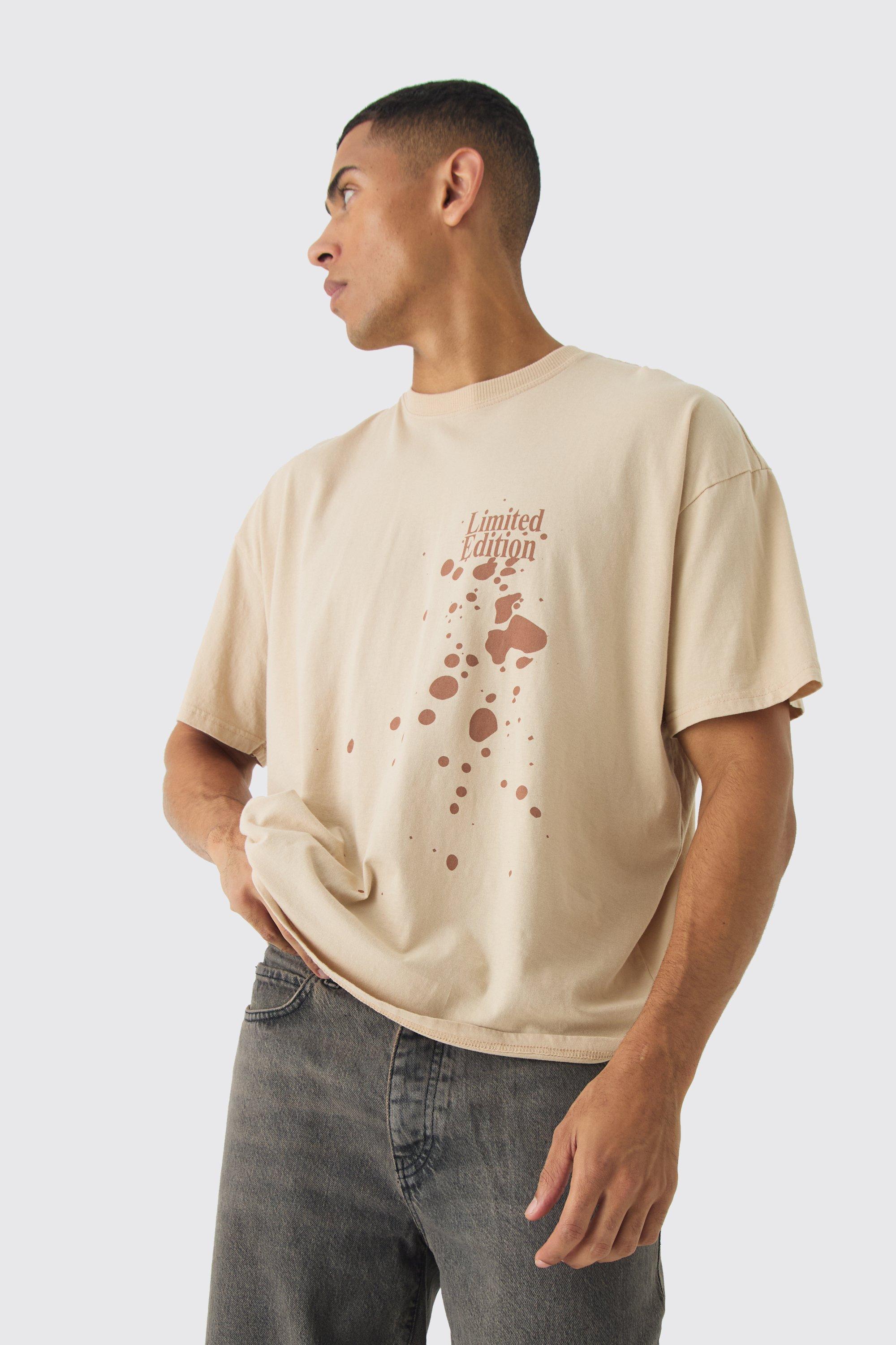 Mens Paint Splatter Washed T-Shirt - Beige Product Image