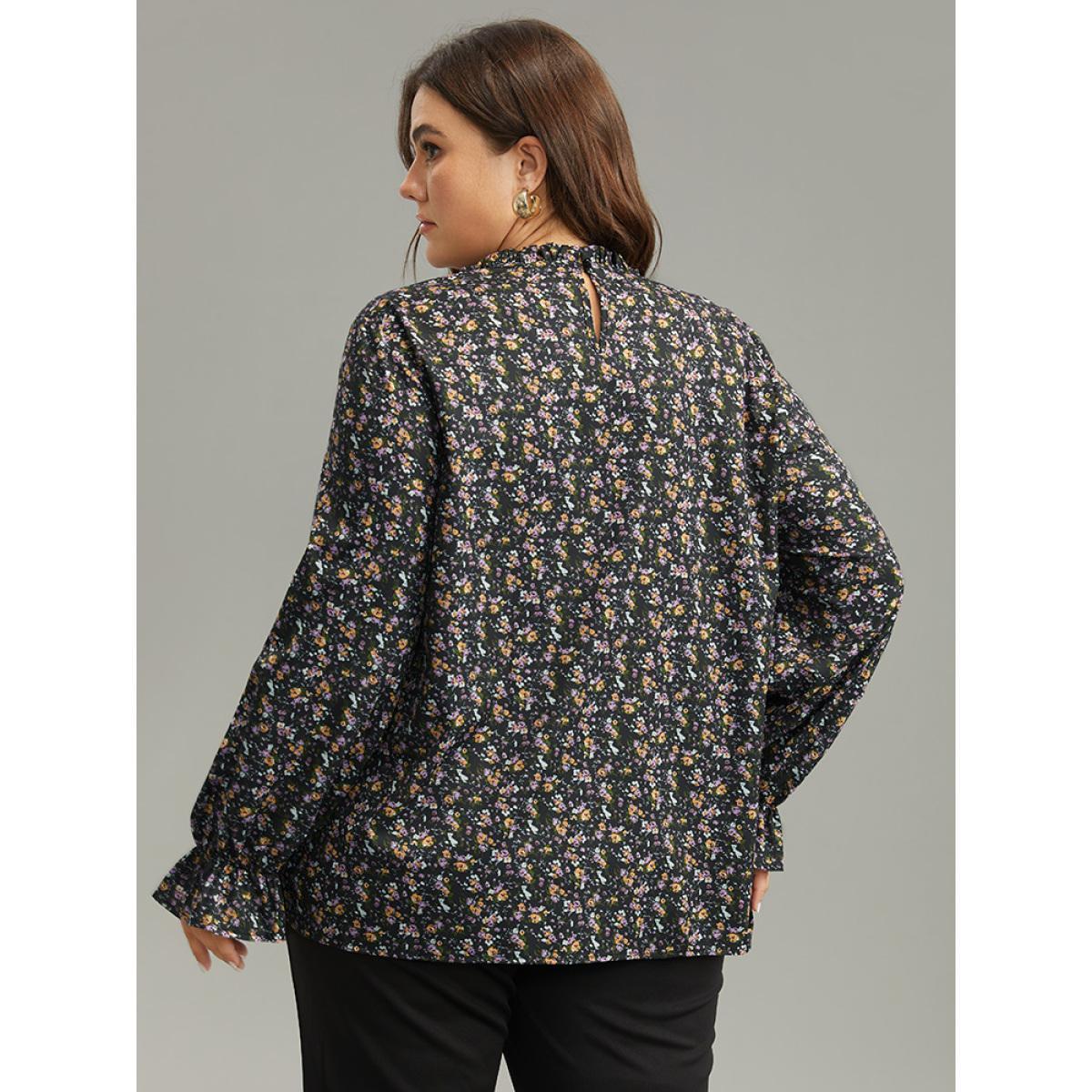 Plus Size Black Ditsy Floral Stand Collar Pleated Blouse Women Elegant Long Sleeve Stand-up collar Dailywear Blouses BloomChic 18-20/2X Product Image