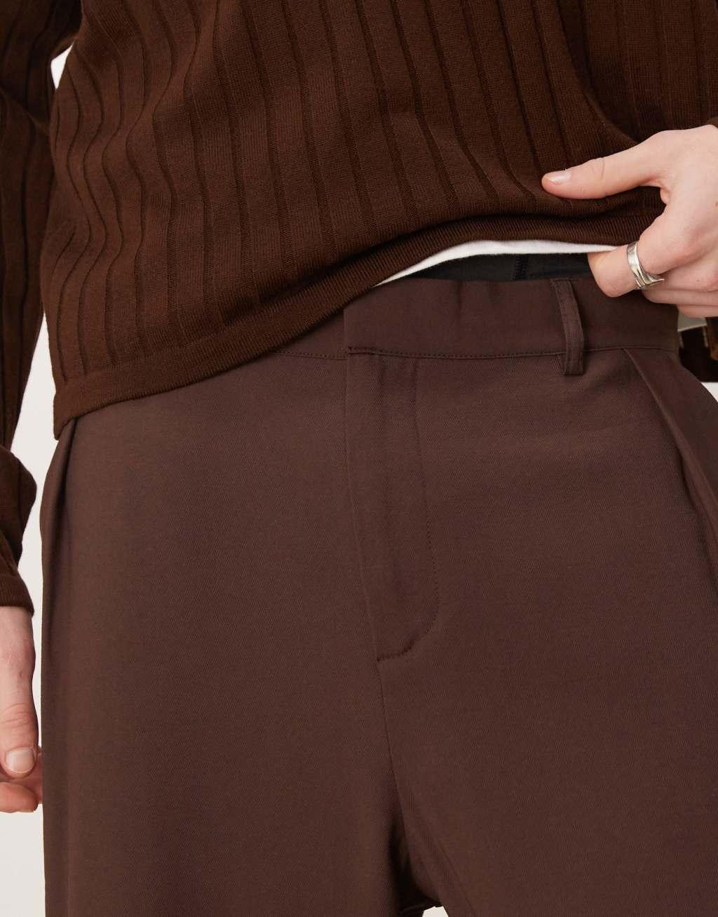 ASOS DESIGN wide leg smart pants with pleats in brown Product Image