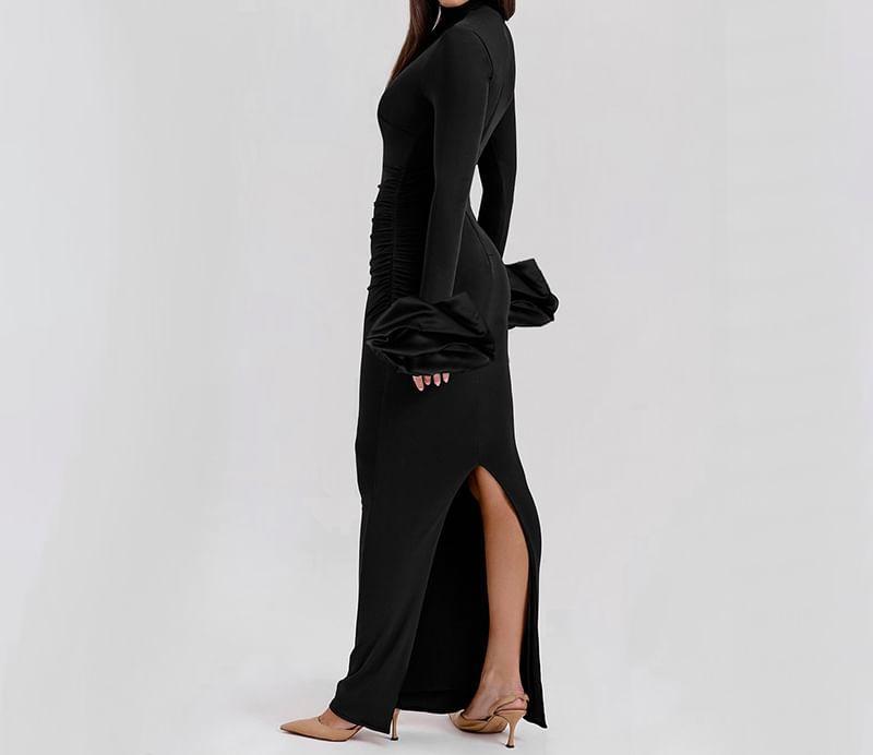 Long-Sleeve Mock Neck Plain Maxi Sheath Dress Product Image