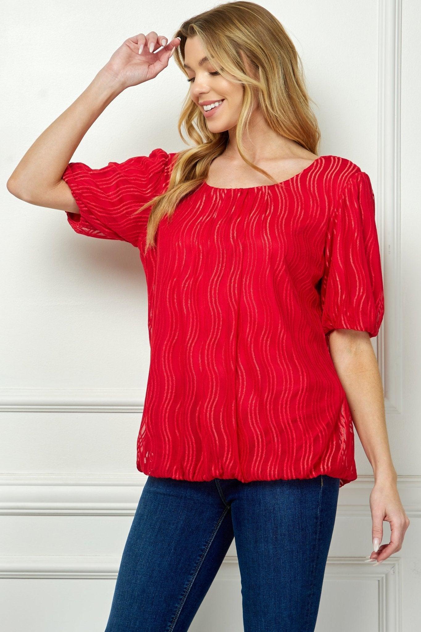 Short Puff Sleeve Scoop Neck Bubble Blouse Product Image