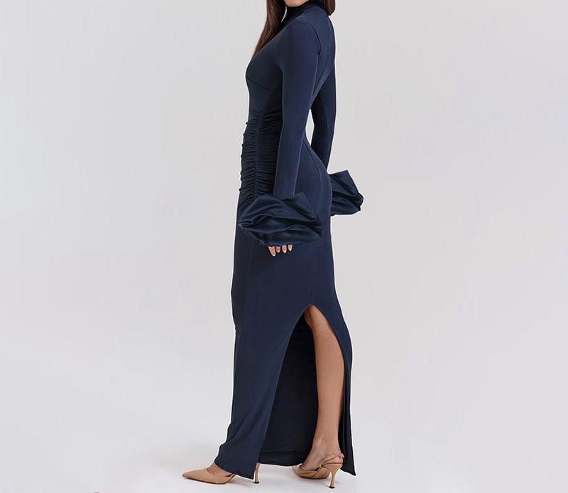 Long-Sleeve Mock Neck Plain Maxi Sheath Dress Product Image