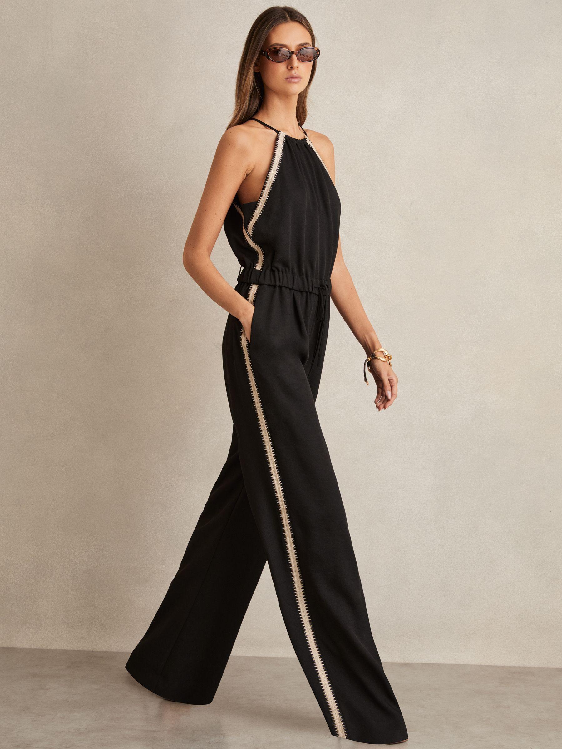 Petite Halterneck Craft Stitch Jumpsuit in Black Product Image