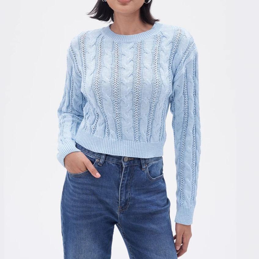 Crew Neck Plain Cable Knit Cropped Sweater Product Image