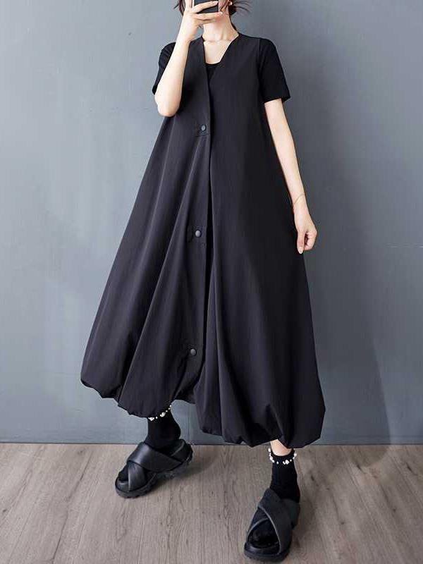 A-Line Loose Buttoned Pleated Pockets Solid Color V-Neck Midi Dresses Vest Outerwear Product Image