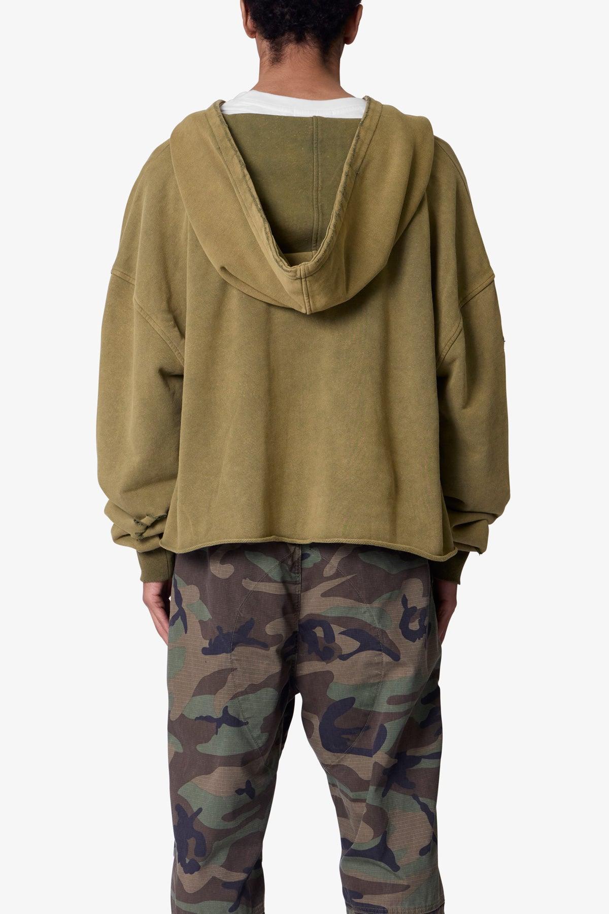 Destroyed V Neck Hoodie - Washed Olive Product Image