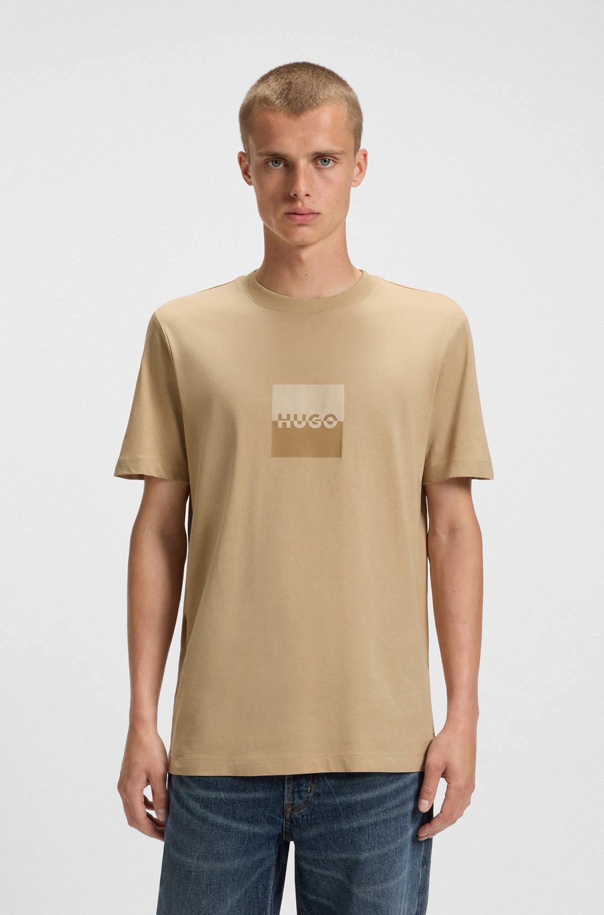 HUGO - Cotton-jersey T-shirt with split-logo print - Beige Product Image