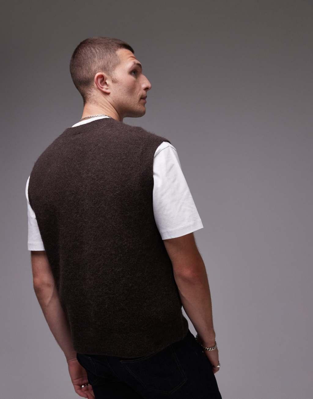 ARKET alpaca blend knitted crew neck vest in brown Product Image