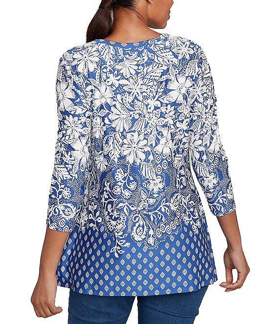 Ruby Rd. Knit Floral Border Print Keyhole Neck 3/4 Sleeve Top Product Image
