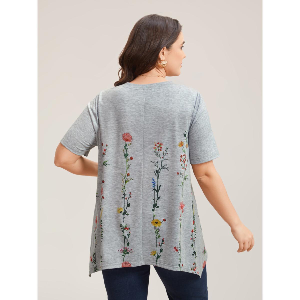 Plus Size Stretchy Hi-Low Hem Floral T-Shirt LightGray Women Timeless Asymmetrical Natural Flowers Round Neck Loose Elegant T-shirts BloomChic 14-16/1X Product Image