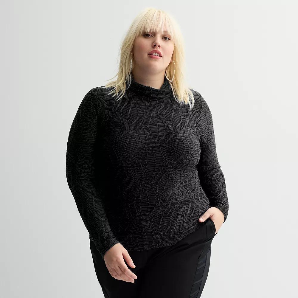 Plus Size INTEMPO™ Long Sleeve Mockneck Textured Knit Top, Women's, Size: 1XL, Black Product Image