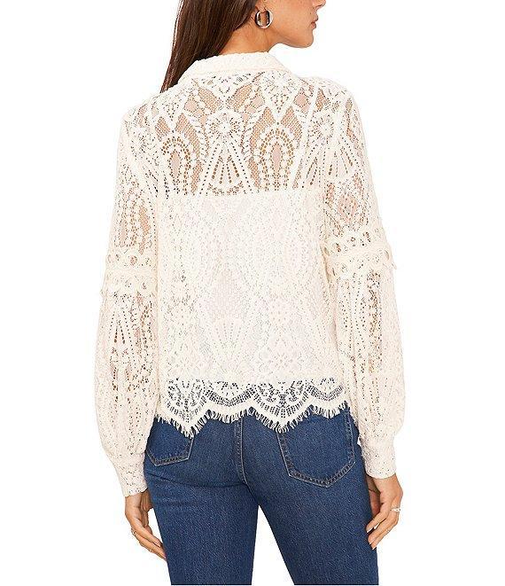 Vince Camuto Point Collar Long Bishop Sleeve Scalloped Hem Embroidered Lace Button Front Blouse Product Image