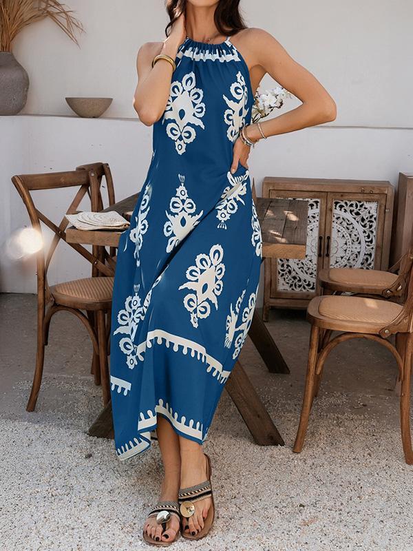 A-Line Loose Contrast Color Halter-Neck Maxi Dresses Product Image