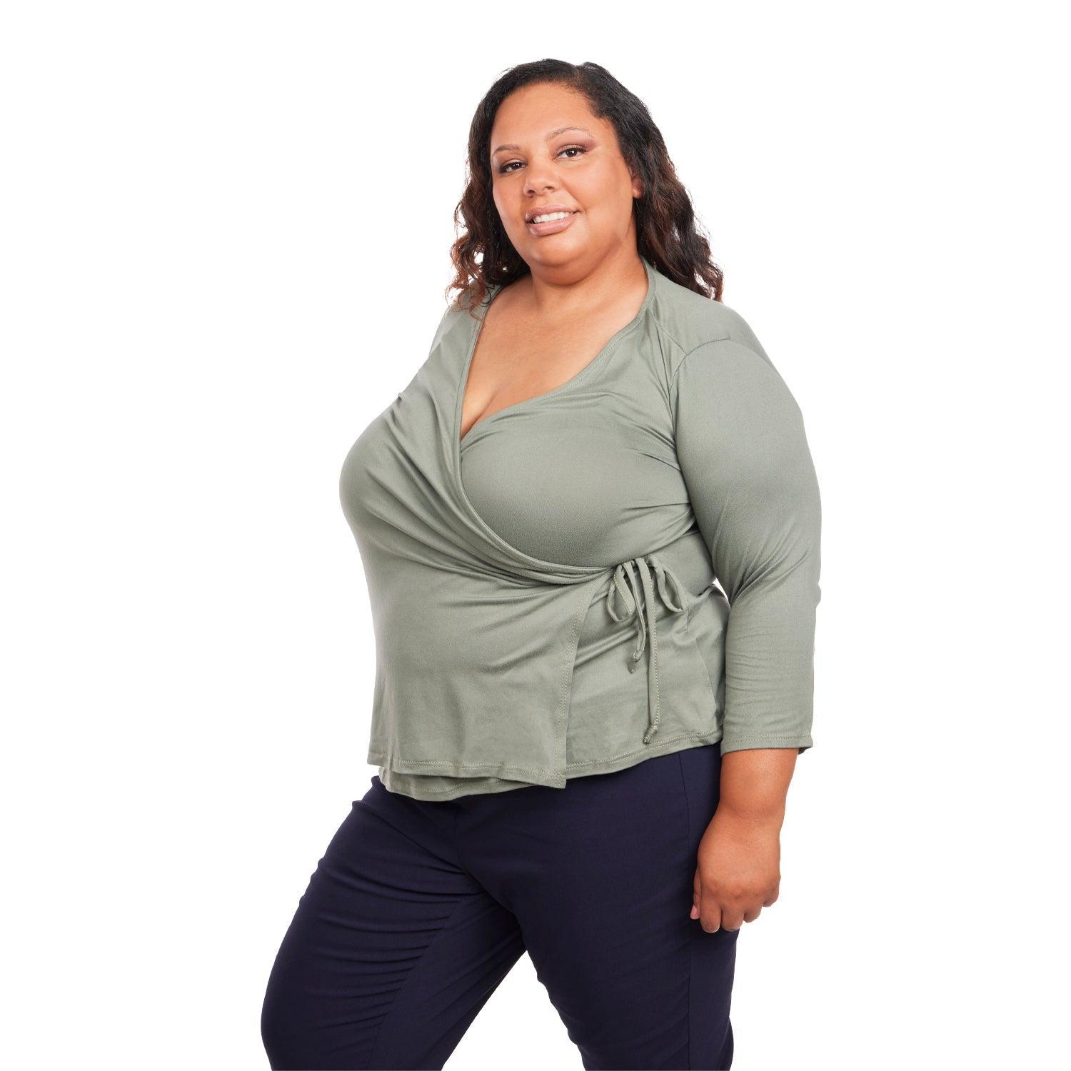 Inner Beauty Plus Solid 3/4 Sleeve Surplice Front V-Neck Top Product Image