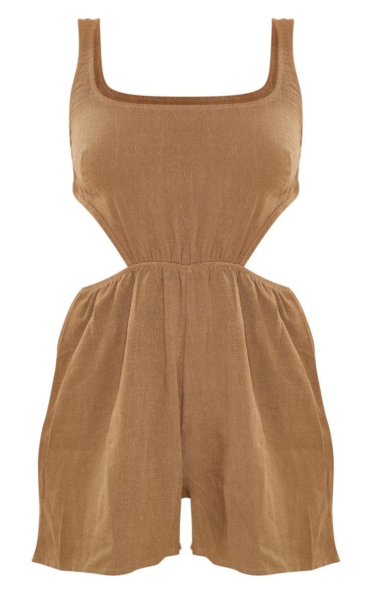 Khaki Textured Cut Out Waist Strappy Romper Product Image