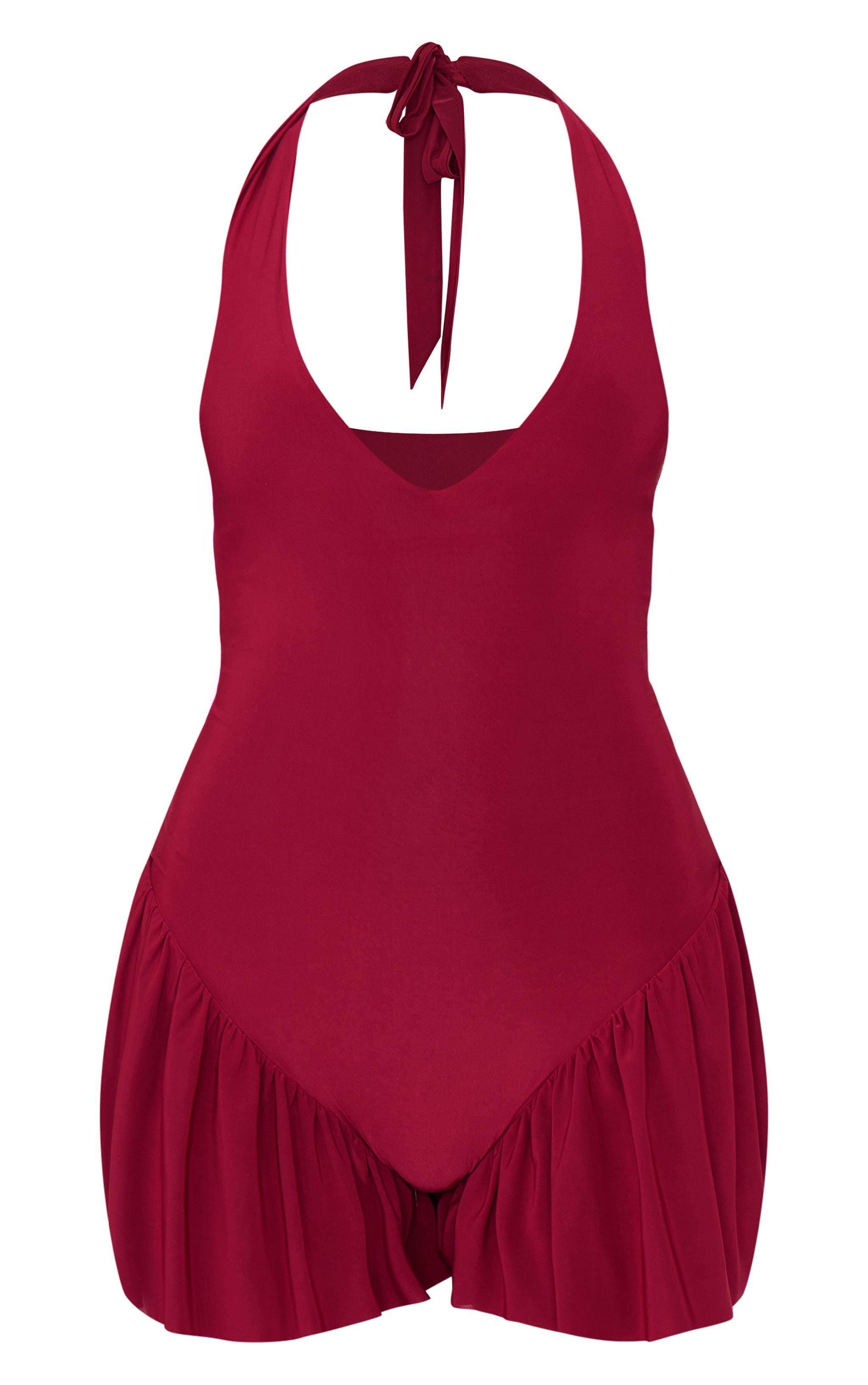 Burgundy Slinky Dropped Waist Plunge Romper Product Image