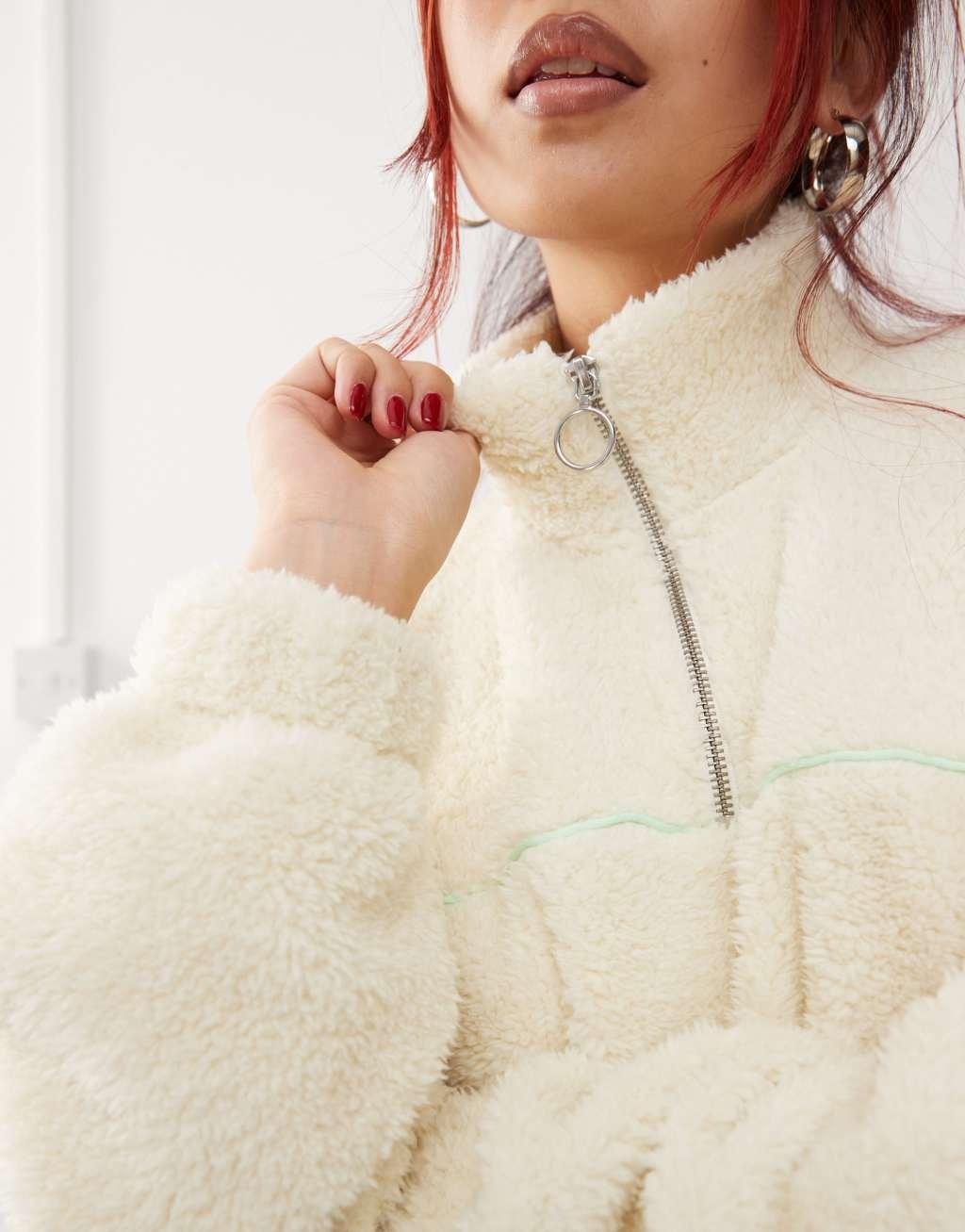 Monki borg half zip up fleece sweatshirt in off white with constrast mint piping Product Image