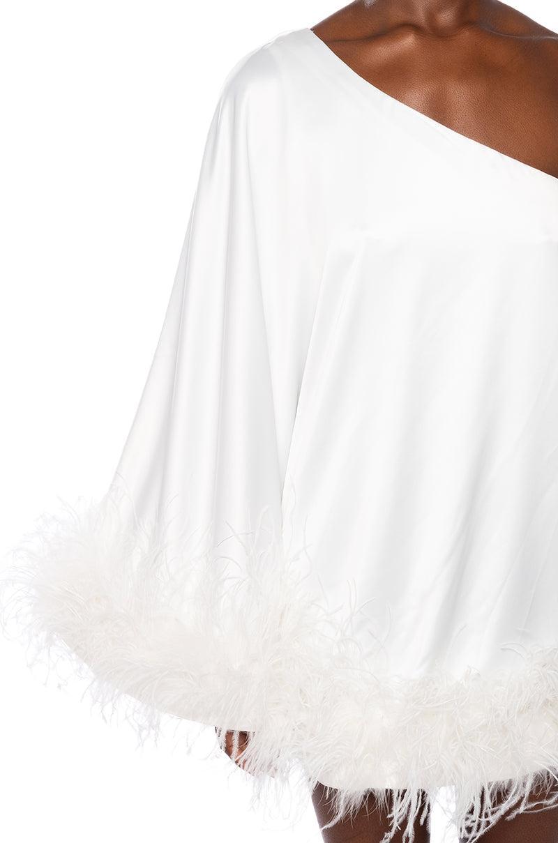 ISNT IT LOVELY ONE SHOULDER FEATHER HEM MINI DRESS IN WHITE Product Image