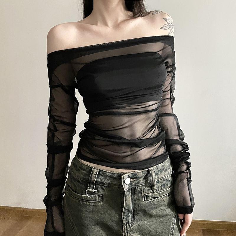 Set: Long-Sleeve Off-Shoulder Plain Mesh Slim Fit Top + Tube Top Product Image