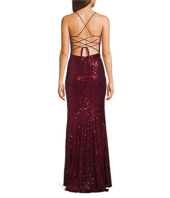 B. Darlin Sequin Cowl Neck Cross Back Side Slit Long Dress Product Image