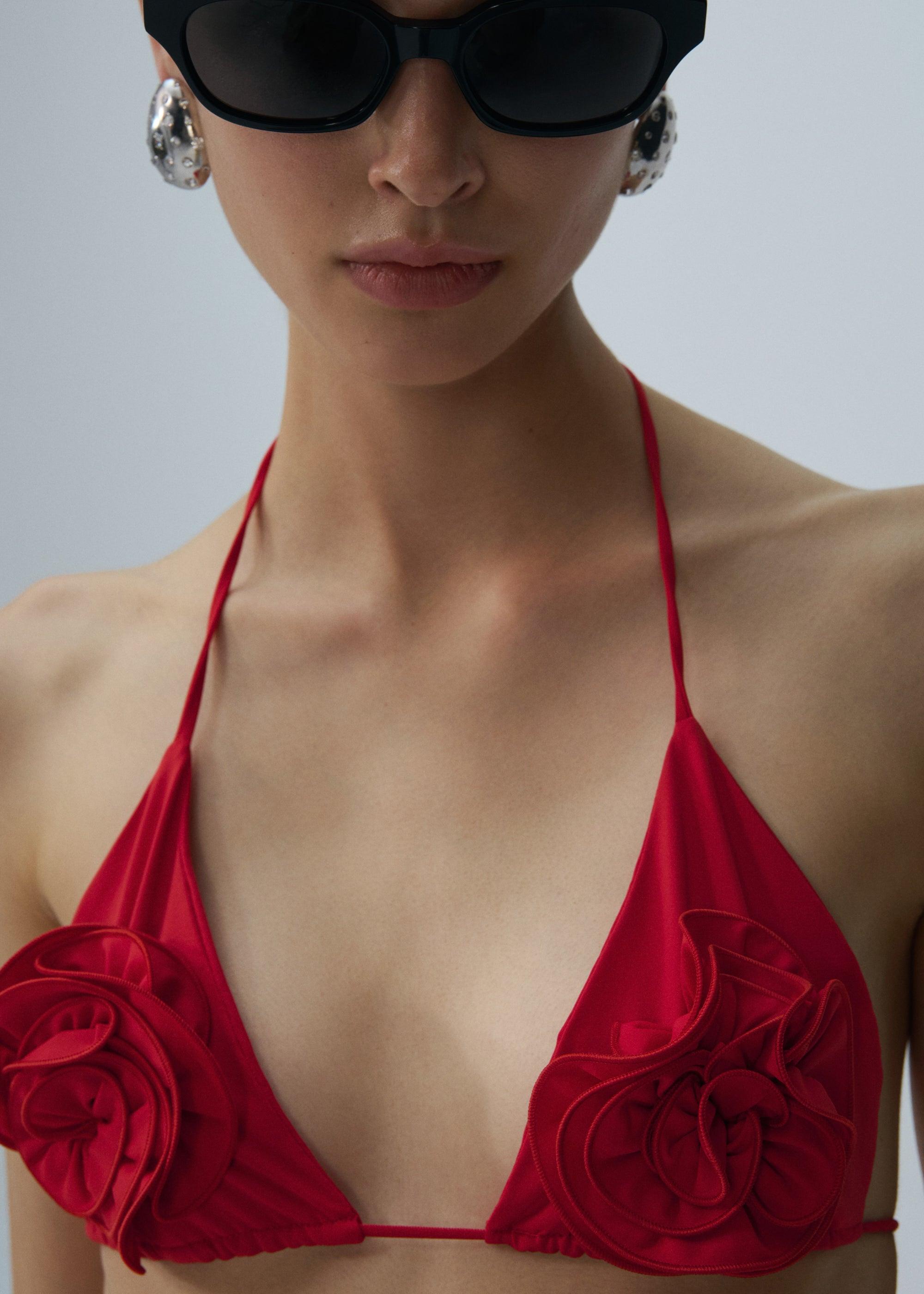 Floral strappy triangle bikini top in red Product Image