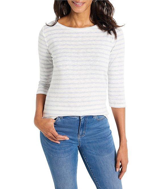 NIC + ZOE Knit Stripe Print Boat Neck 3/4 Sleeve Tee Product Image