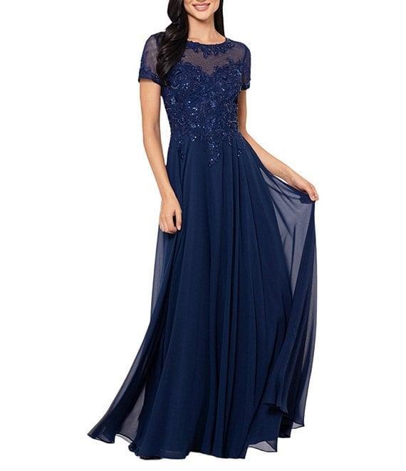 Xscape Chiffon Beaded Mesh Crew Neck Short Sleeve A-Line Gown Product Image